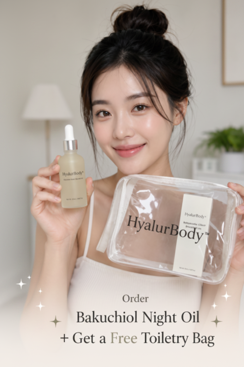 A woman holds a small bottle of Hyalurbody night oil in one hand and a clear plastic toilette bag with the brand name Hyalurbody in the other. The image has text overlays at the bottom reading 'Order Bakuchiol Night Oil + Get a Free Toiletry Bag'.